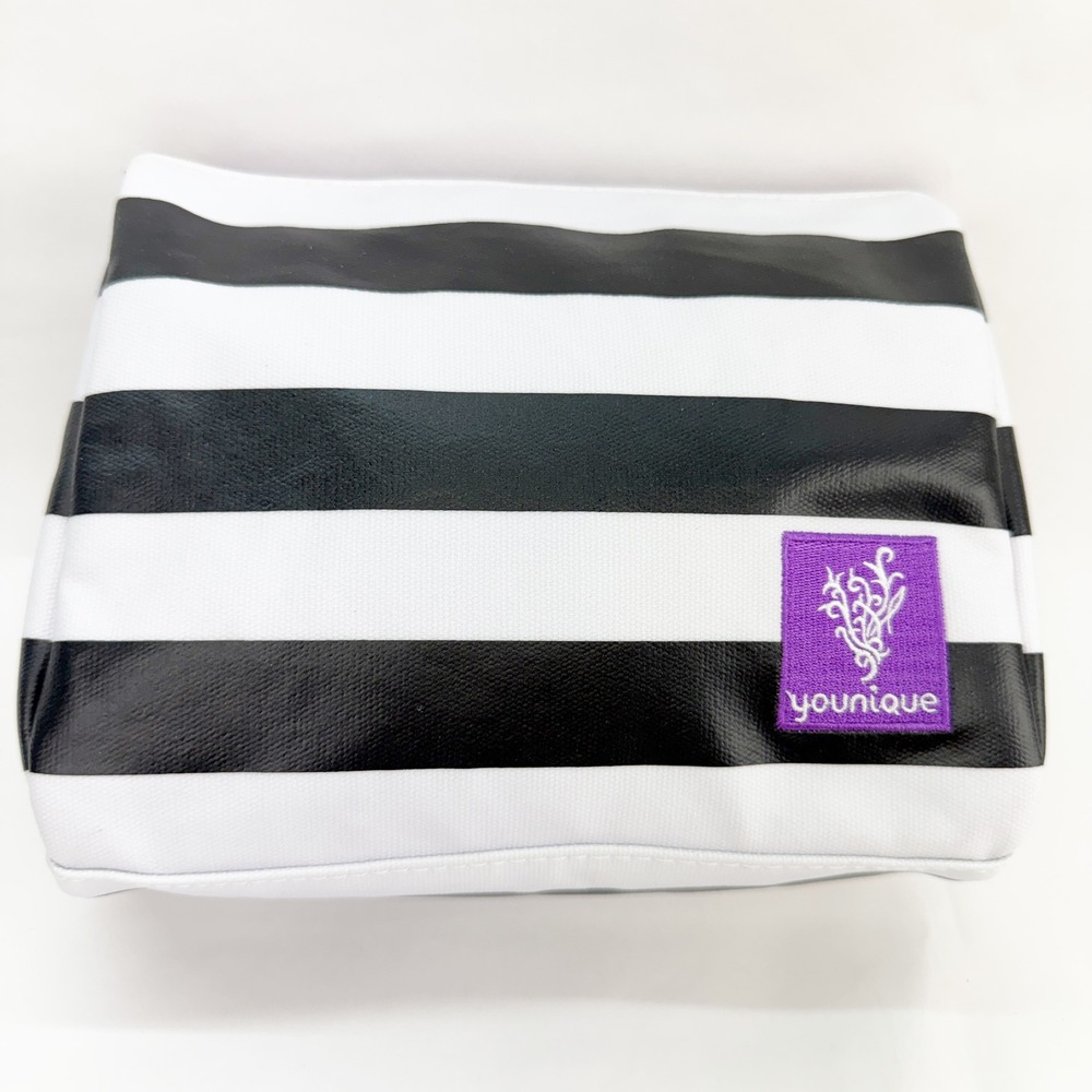 Younique Makeup Bag Black White Striped Cosmetic Pouch Purple Lining Travel Case
